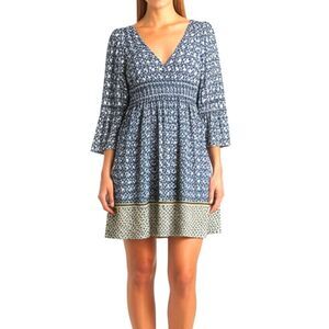 Max Edition Blue & Green Mod Retro Floral Bell Sleeve Dress Women's M